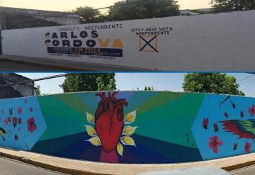 Reemplazan mural urbano por propaganda política en Tabasco