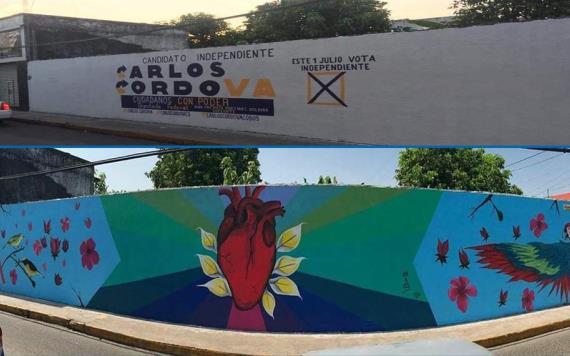 Reemplazan mural urbano por propaganda política en Tabasco