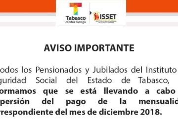 ISSET Informa que se está llevando a cabo la dispersión de pago a Pensionados y Jubilados