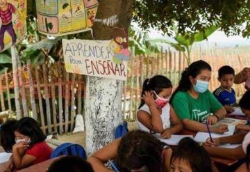 Joven da clases bajo un árbol para ayudar a niños sin acceso a Internet