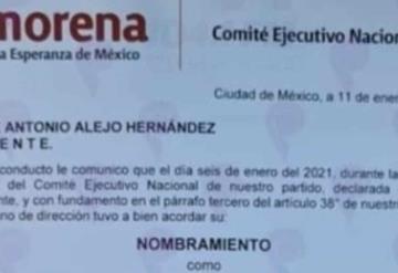 Dan a conocer el oficio donde José Antonio alejo  es nombrado como delegado del CEN de Morena