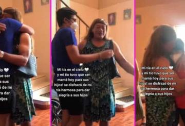 Papá hace tierno gesto con sus hijos; se disfraza de su esposa fallecida para que abracen a su mamá este Día de las Madres