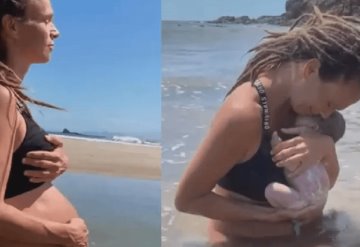 Video: Mujer disfruta su "parto gratis" hincada en la orilla de una playa