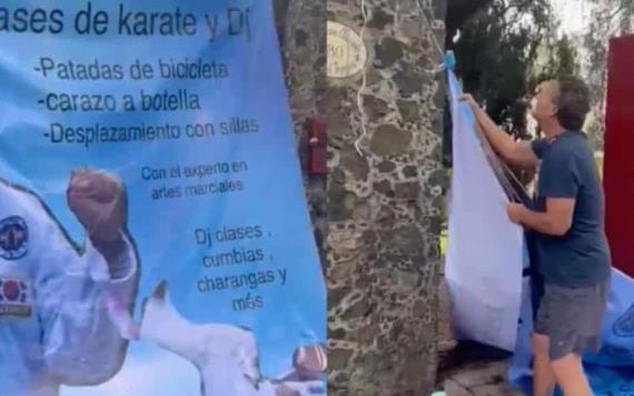 Alfredo Adame enfurece por manta burlona que promociona sus clases de karate