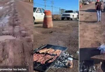 Arman la carnita asada en un enorme bache en Chihuahua