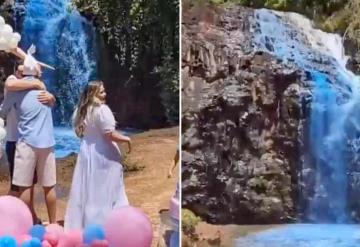 Pareja tiñe cascada de azul para revelar sexo de su bebé y causa indignación en redes