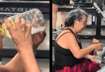 ¡Sin miedo al éxito! Abuelita lleva botella de mezcal para hidratarse en el gimnasio | VIDEO